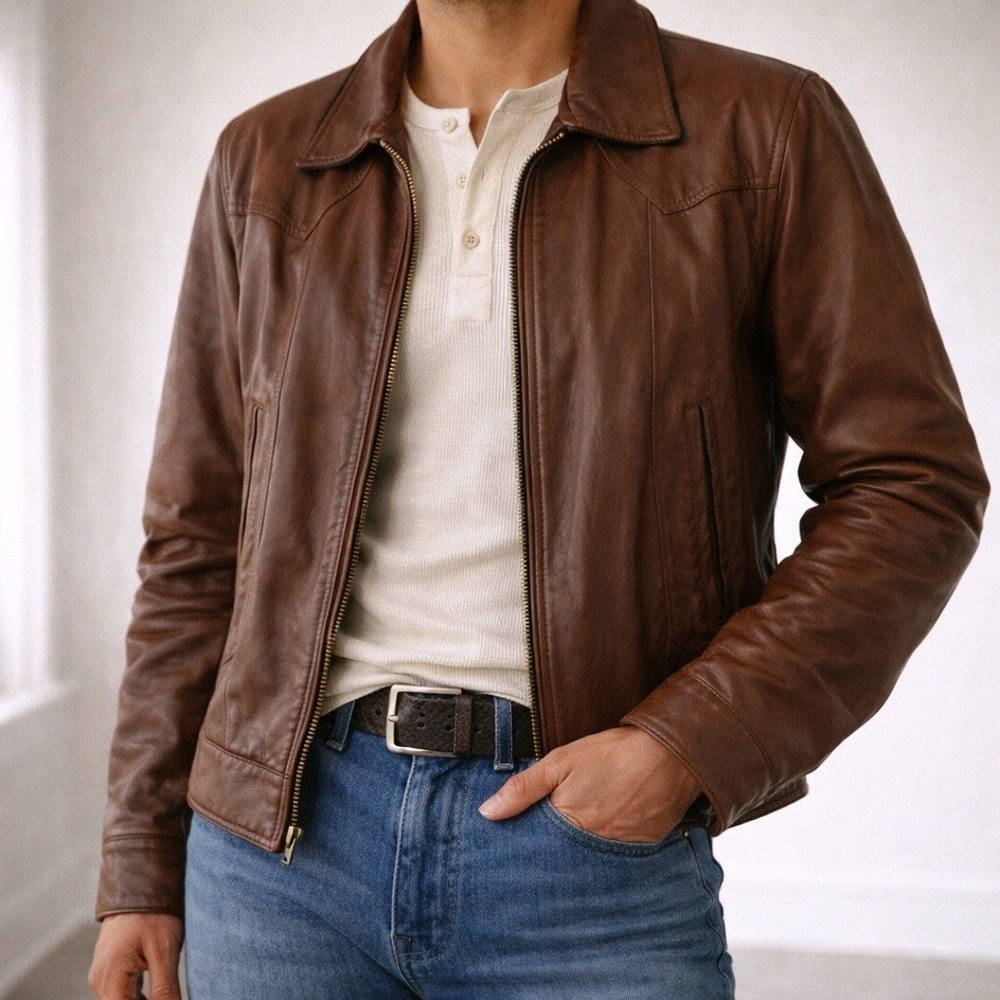 Vintage Jean Pierre Brown Leather Jacket Made in Argentina 42 Mens 80s Shacket - Picture 2 of 16